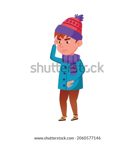 illness boy in warm clothing has headache cartoon vector. illness boy in warm clothing has headache character. isolated flat cartoon illustration