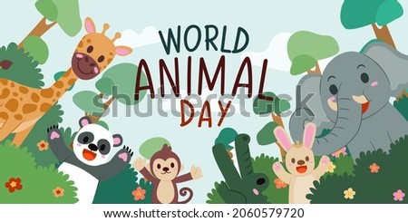 Banner the Jungle Animals in forest on the world in Happy animal day concept, cute cartoon vector illustration