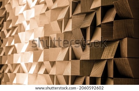 Natural color wood block wall cubic texture background . Modern contempolary woodwork wallpaper artwork design . Royalty-Free Stock Photo #2060592602