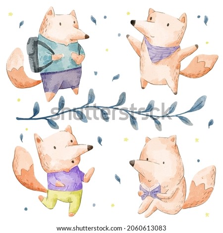Vector illustration watercolor Set of adorable Fox For Your Design. Various of Fox gesture and color