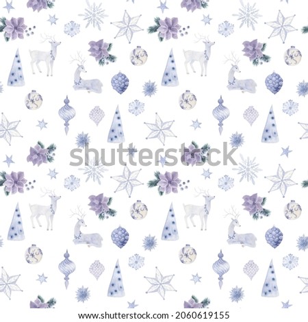 Watercolor painting seamless pattern with christmas decorations, light 