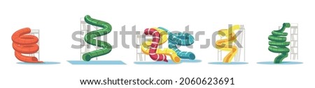 Set of Different Water Slides and Pipes Isolated on White Background. Aquapark and Swimming Pool Equipment, Items for Amusement Park and Waterpark Recreation Fun. Cartoon Vector Illustration