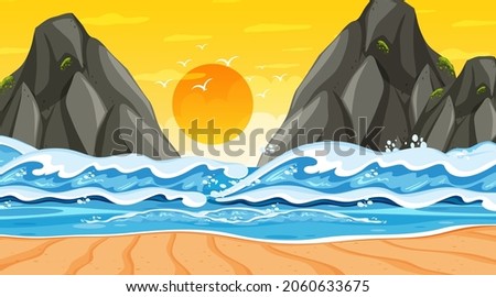 Beach landscape at sunset scene with ocean wave illustration