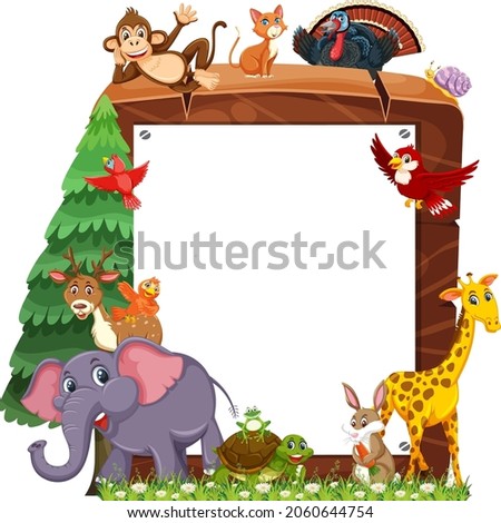 Empty wooden frame with various wild animals illustration