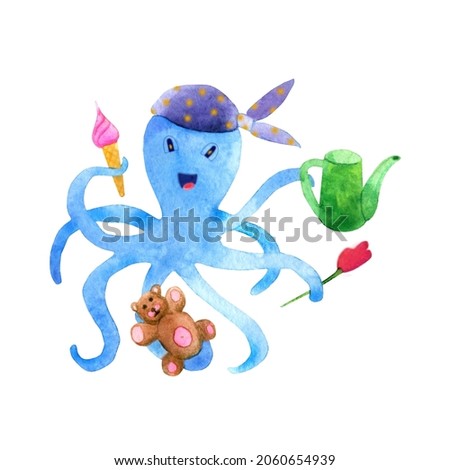 Watercolor octopus kid. Suitable for printing, party invitation, DIY project, greeting cards, baby shower.