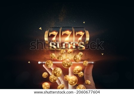 Online casino, smartphone with slot machine with jackpot and gold coins. Online Slots, Lucky Seven 777, Dark Gold Style. Luck concept, gambling, jackpot, banner Royalty-Free Stock Photo #2060677604