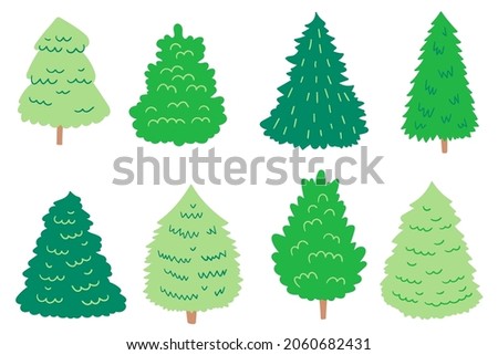 Vector set of cartoon Christmas trees, pines for greeting card, invitation,banner. New Years and xmas traditional symbol trees
