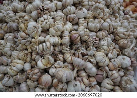 White garlic texture background. Fresh garlic on super market table closeup photo. Vitamins image of healthy food seasoning. Pile of white garlic heads. Top view of white garlic head