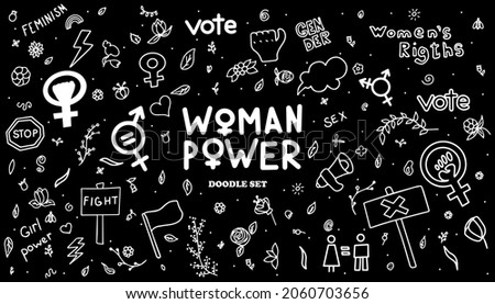 A set of doodle signs of feminism, women s rights. Grunge hand drawn vector icons of Feminism protest symbol isolated on transparency background. A rally to fight for voting rights Royalty-Free Stock Photo #2060703656