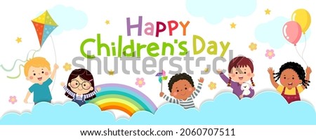 Vector horizontal banners World Children’s day with happy kids on the cloud.