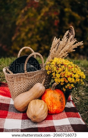 Background for an autumn card with a wicker basket, flowers and pumpkins 