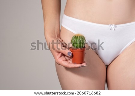 Conceptual photo of depilation or hair removal. Bikini area in white underwear close-up and a green cactus in the hands of the girl. 