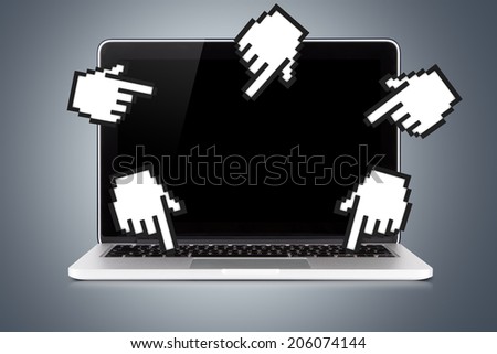 Laptop with blank, black screen and hand cursor symbols of mouse touching around on dark background.