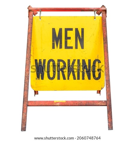 Men Working yellow road construcion sign isolated on a white background