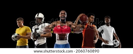Moving forward. Close-up tennis, basketball, soccer, football, boxing players posing isolated on dark studio background. Fit, strong, muscular african and caucasian people as one sport team. Flyer
