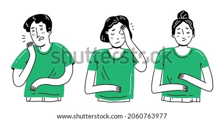 Simple doodle style set with sick people. The man is coughing, his head hurts, his stomach hurts. Vector illustration with characters.