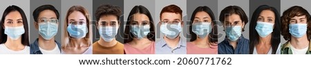 Stop coronavirus. Crowd of various multiethnic people using sterile disposable face masks over grey backgrounds, panorama. Set of international men and women using safety measures against covid