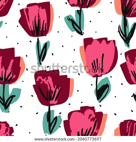 Burgundy and Pink Tulip Drawn Vector Seamless Pattern. Lotus Romantic Template. Abstract Marker Design. Flower Spring Paper Texture.