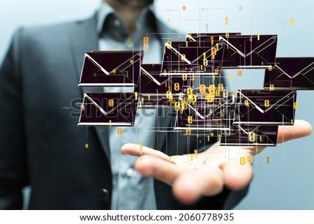 Abstract virtual postal envelopes sketch on blurry office buildings background, e-mail and marketing