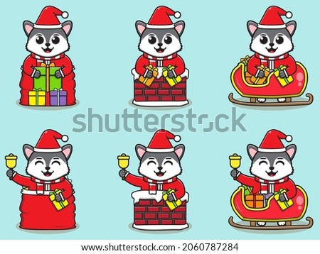 Cute Wolf Santa Claus vector illustration. Vector illustration isolated on light blue background. Good for icon, label, sticker, clipart.