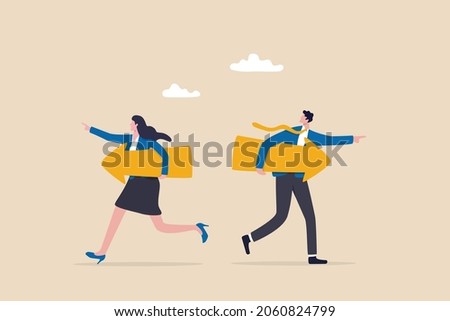 Different individual way, different business direction or team conflict, opposite decision, contrast or disagreement concept, businessman and businesswoman holding arrow running in opposite position. Royalty-Free Stock Photo #2060824799
