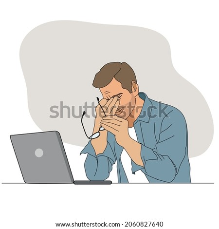 Feeling exhausted. Frustrated a man massaging his nose and keeping eyes closed while sitting at his working place in office. vector,illustration Royalty-Free Stock Photo #2060827640