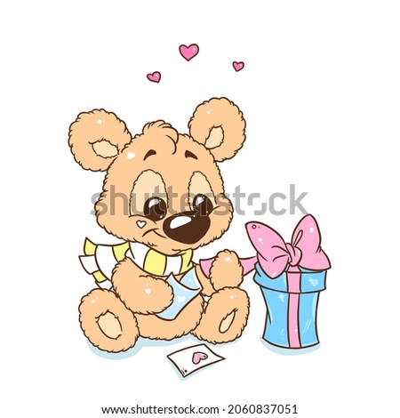 Greeting card little kind teddy bear gift surprise love illustration cartoon