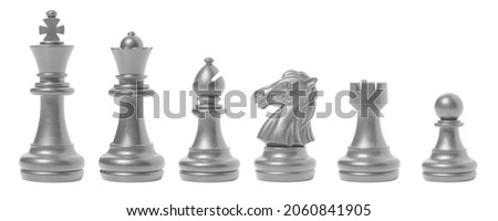 isolated silver chess set chess piece king, queen, bishop, knight horse, rook, pawn on white background. business, competition, strategy, decision concept Royalty-Free Stock Photo #2060841905