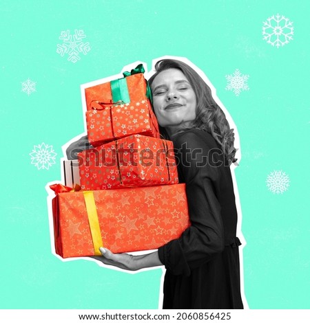 Winter holiday shopping. Creative artwork of young woman holding present boxes with happy expression isolated over mint background. Concept of art, creativity, imagination, poster. Copy space for ad