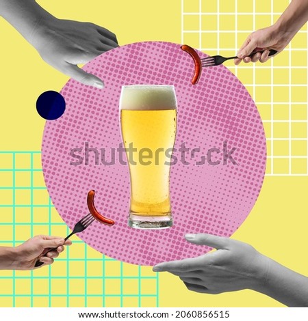 Beer party. Friends gahering. Contemporary art collage of human hands holding various food around lager foamy beer glass. Concept of art, creativity, imagination, poster. Copy space for ad