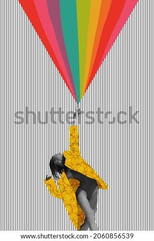 Human rights. Contemporary art collage of beautiful female dancer in yellow drawn jacket touching rainbow element. LGBTQIA support. Concept of art, creativity, imagination, poster. Copy space for ad
