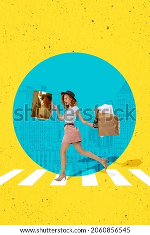Shopping activity. Sales. Contemporary art collage of beautiful fashionable woman with shopping bags walking the pedestrian crossing. Concept of art, creativity, imagination, poster. Copy space for ad