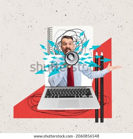 Team leader. Contemporary art collage of businessman shouting work task in megaphone from laptop. Online communication. Concept of art, creativity, imagination, poster. Copy space for ad Royalty-Free Stock Photo #2060856548