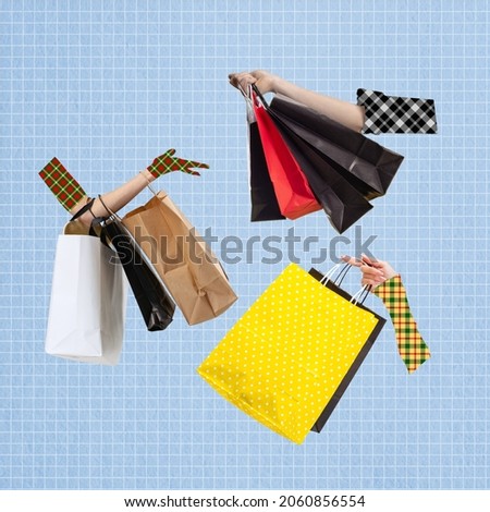 Shopping therapy. Contemporary art collage of three female hands with many shopping bags isolated over blue background. Concept of art, creativity, imagination, poster. Copy space for ad