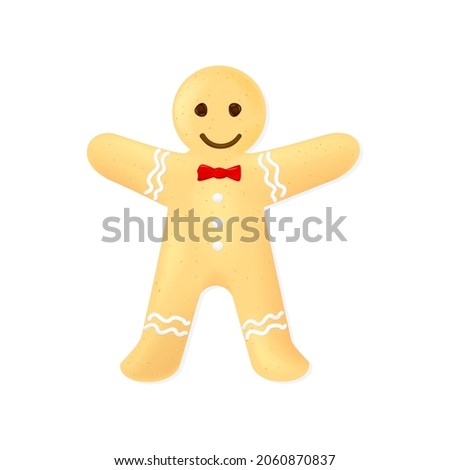 Gingerbread man isolated on white background. Homemade cookie decorated with icing frosted for New Year's party. Vector illustration of Christmas dessert concept.