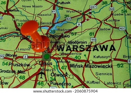 location on the map of the  Warsaw city in Poland