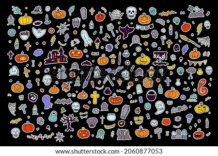 Big Doodle Halloween sticker set. Hand-drawn ghost, pumpkin, candles, skulls, bat on black background. Cute scary horror characters banner for fall holidays, Day of the Dead. Vector color illustration