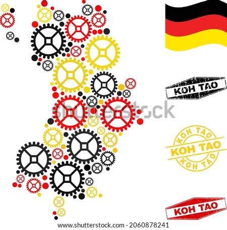 Service Koh Tao map mosaic and stamps. Vector collage is created from clock gear elements in variable sizes, and German flag official colors - red, yellow, black.