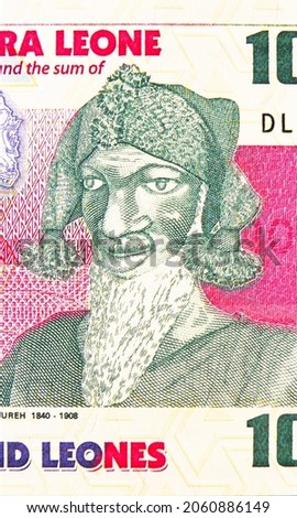 1000 Leones banknote, Bank of Sierra Leone, closeup bill fragment shows Bai Bureh, issued 2002