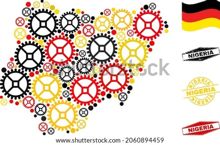 Repair service Nigeria map mosaic and seals. Vector collage is composed of service elements in different sizes, and Germany flag official colors - red, yellow, black.