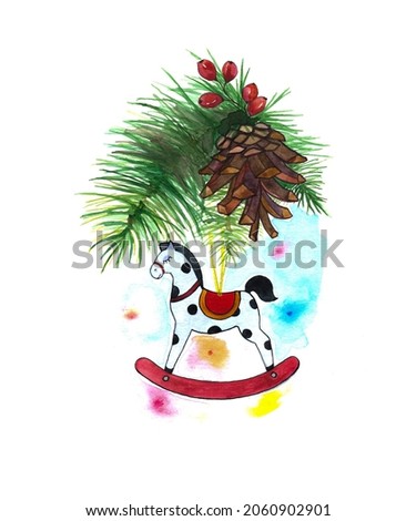 Drawing of a Christmas toy of a wooden Horse, which hangs on a branch of a Christmas tree with a pine cone. The drawing is made with watercolors.