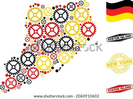 Service Staten Island map mosaic and seals. Vector collage is formed from workshop icons in different sizes, and Germany flag official colors - red, yellow, black.