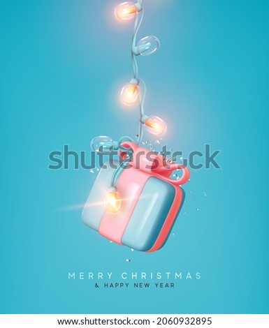 Christmas gift box hanging on bright glowing Xmas garland. Realistic 3d design of New Year present surprise. Festive card, invitations, cover brochures. Holiday banner, web poster. Vector illustration
