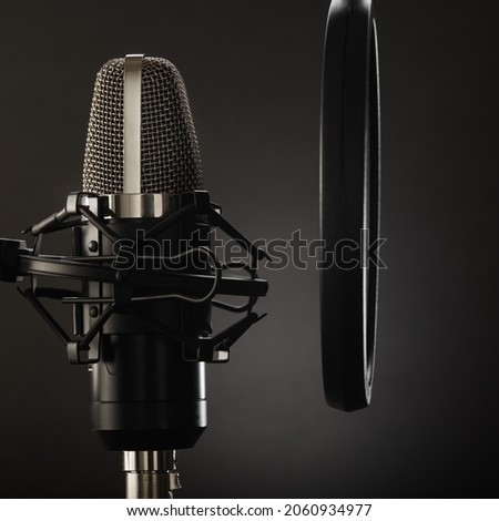 Studio microphone and pop filter. Monochrome image. Close-up. Vocals, spoken word, radio, television, recording studio, clean sound. No people in the photo.