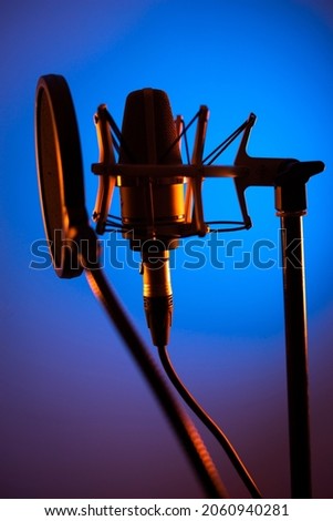 Voiceover studio large diaphragm cardioid microphone in professional voice recording studios.