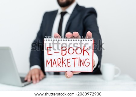 Text caption presenting E Book Marketing. Conceptual photo digital file that can be used on any compatible computer Remote Office Work Online Presenting Business Plan And Designs