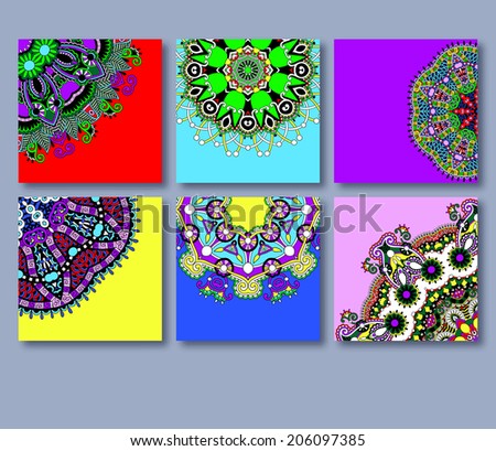 collection of decorative floral greeting cards in vintage style, ethnic pattern, vector illustration
