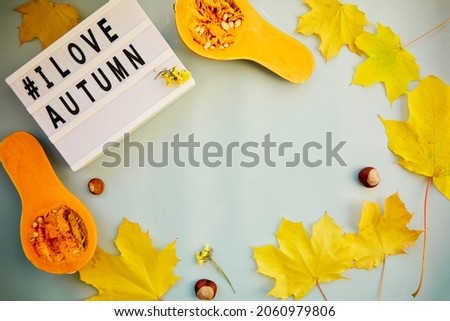 Autumn decorations and food background. Text hashtag I love autumn. Fresh pumpkins, yellow leaves and chestnuts. Copy space.Top view. High quality photo