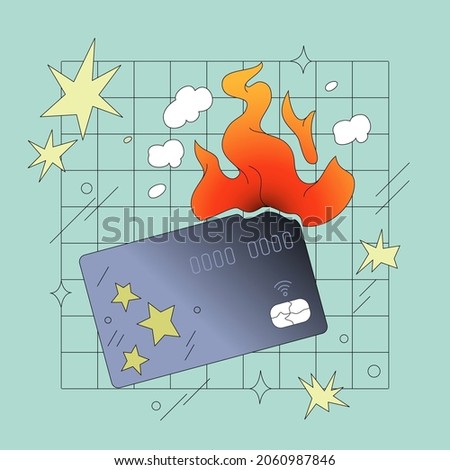 Burning credit card comic style vector illustration. Personal finance, financial literacy, financial freedom, debts avoide concept.