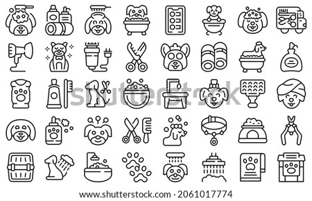 Dogs spa icons set outline vector. Shower grooming. Animal spa Royalty-Free Stock Photo #2061017774